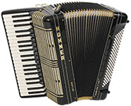 An accordion with piano keys on the left and buttons on the right, featuring a Hohner label and a black and beige color scheme.