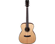 Acoustic guitar with a natural wood finish, showcasing a classic design with a rounded body and a long neck.