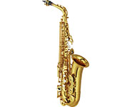 An alto saxophone with a gold finish, showcasing its keys and mouthpiece, set against a plain white background.