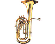 A brass euphonium with a large bell and three valves is shown against a white background.