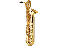 Brass baritone saxophone with a curved neck and bell, featuring multiple keys and a mouthpiece on a white background.