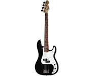 Illustration of a black and white electric bass guitar with four strings and a wooden neck against a white background.