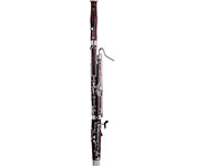 Bassoon standing upright, showing its long wooden body, silver keys, and a curved metal mouthpiece.