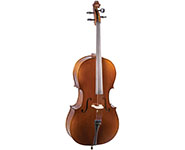 A wooden cello with four strings and a scroll at the top, standing upright against a plain white background.