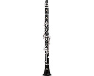 A black clarinet with silver keys, featuring a sleek design and a bell-shaped opening at the bottom.