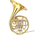 Image of a brass French horn with its distinct coiled tubing and three rotary valves.