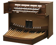 A brown digital organ with multiple keyboards, foot pedals, and switches, designed for use in musical compositions.