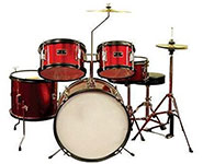 A red acoustic drum set with cymbals, displayed on a white background.