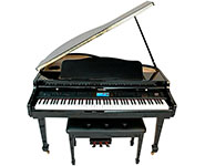 A black grand piano with an open lid, showing white and black keys, accompanied by a matching black bench.