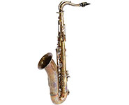 A brass tenor saxophone with a curved neck and bell, displayed against a white background.