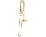 A brass trombone with a slide, bell, and tuning slide, isolated on a white background.