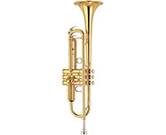 A brass trumpet with three valves and a flared bell against a white background.